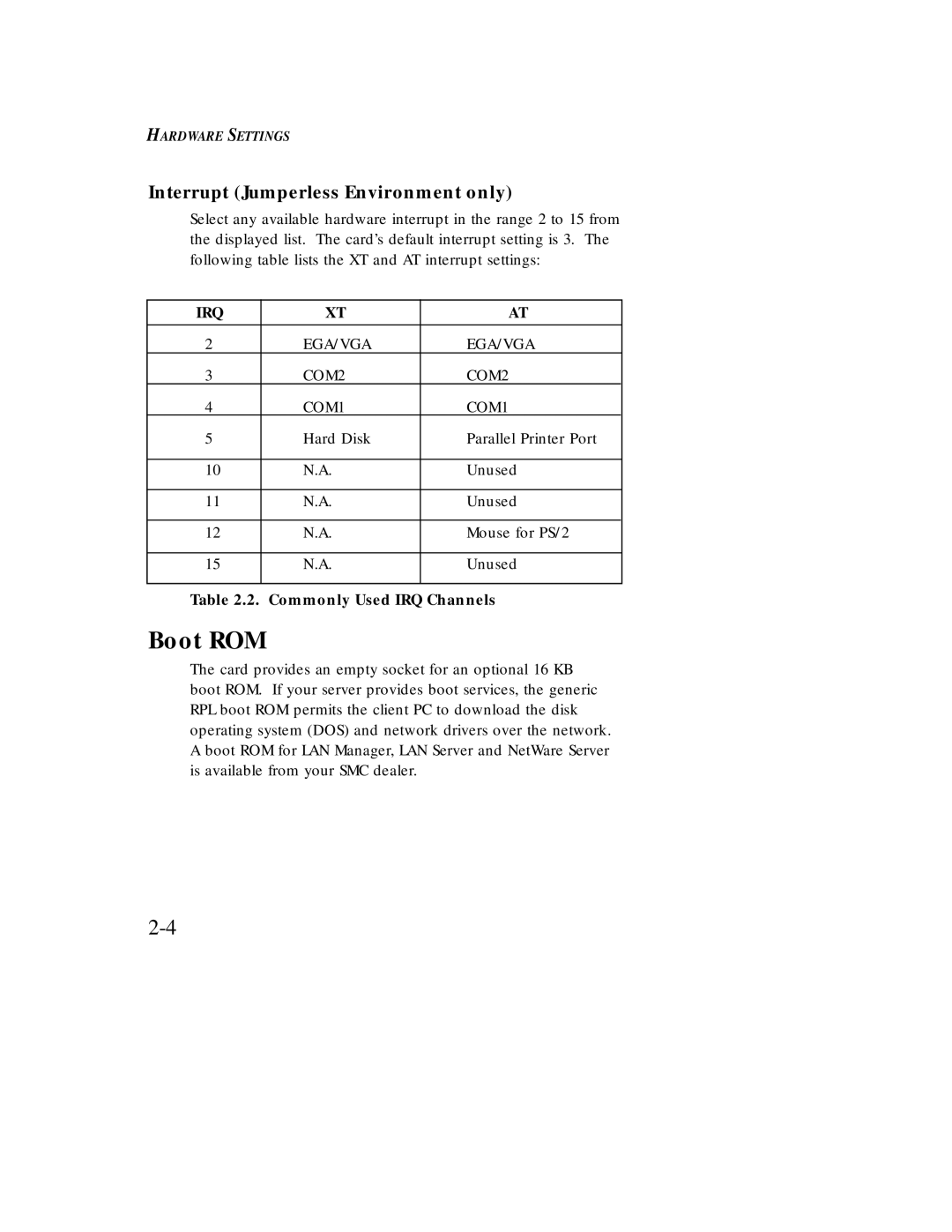 SMC Networks Ethernet ISA Network Cards manual Boot ROM, Interrupt Jumperless Environment only, Commonly Used IRQ Channels 