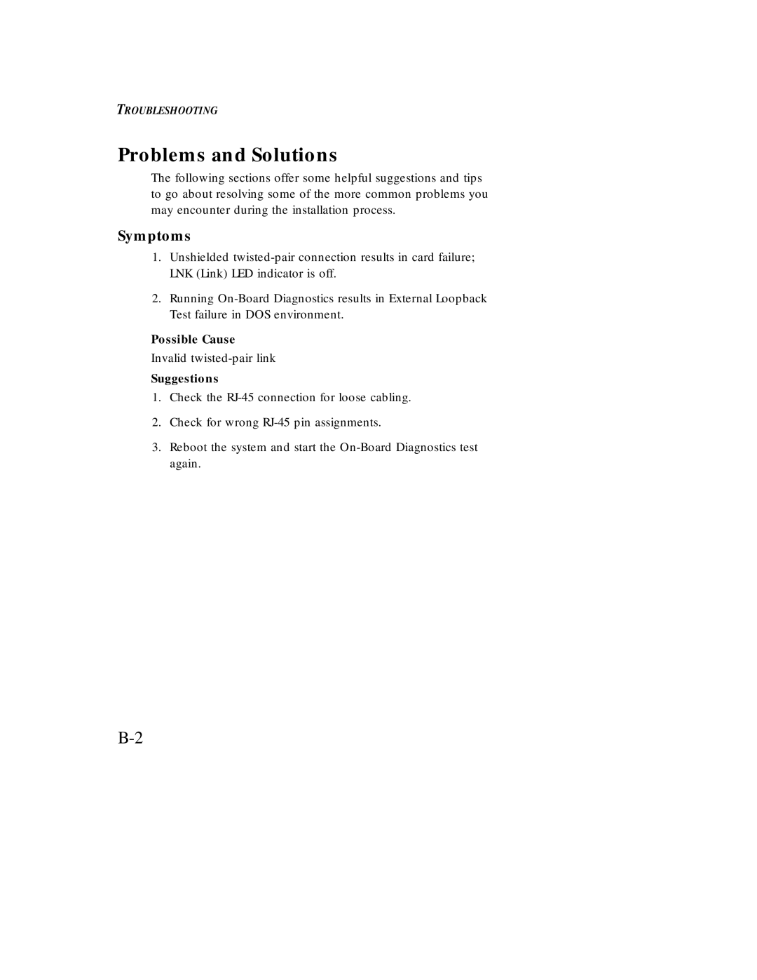 SMC Networks Ethernet ISA Network Cards manual Problems and Solutions, Symptoms, Possible Cause, Suggestions 