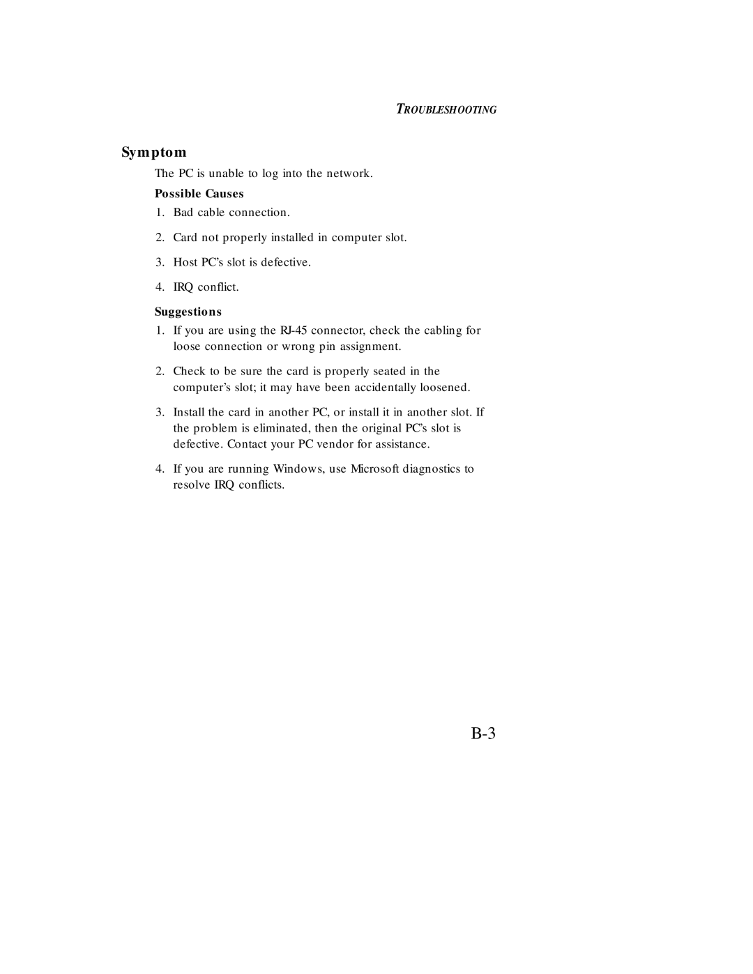 SMC Networks Ethernet ISA Network Cards manual Symptom, Possible Causes 