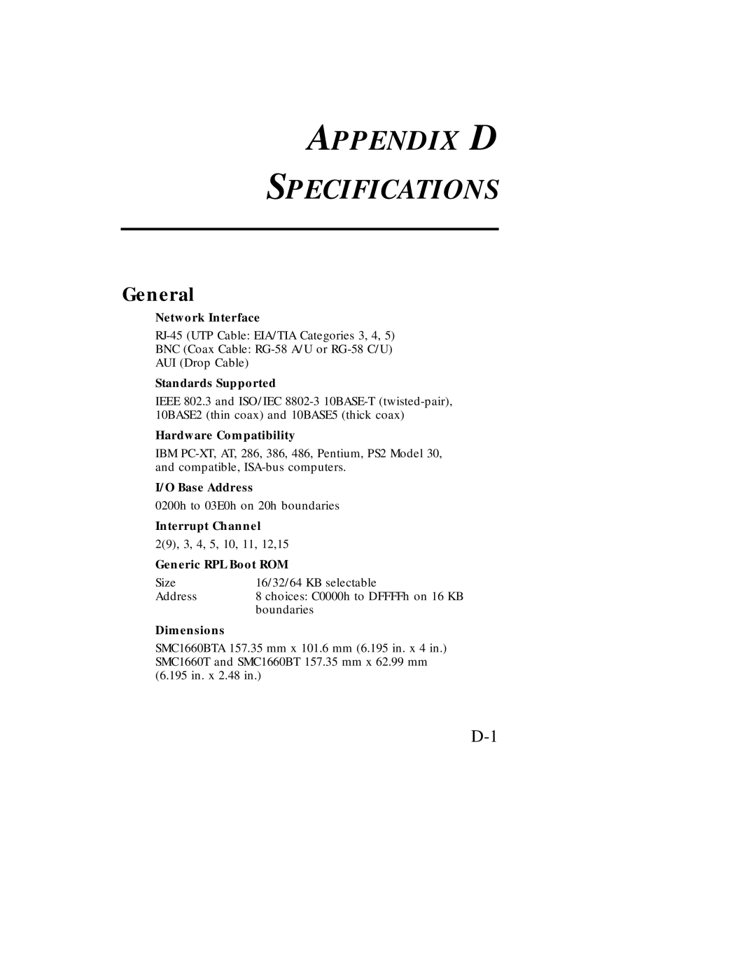 SMC Networks Ethernet ISA Network Cards manual Appendix D Specifications, General 