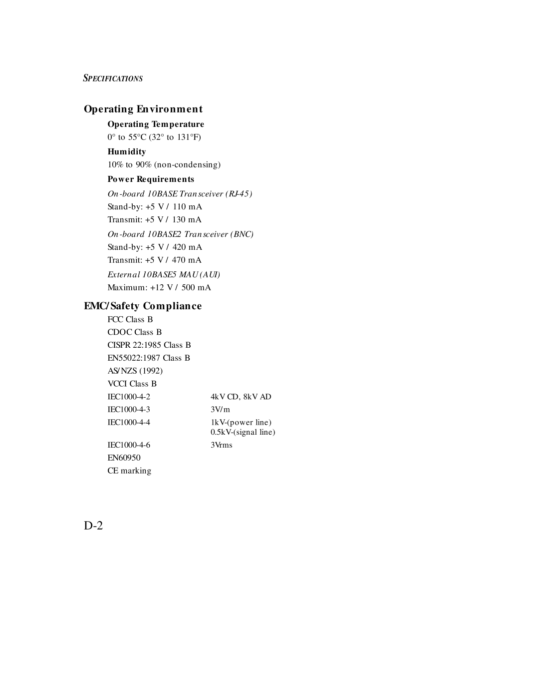 SMC Networks Ethernet ISA Network Cards Operating Environment, EMC/Safety Compliance, Operating Temperature, Humidity 