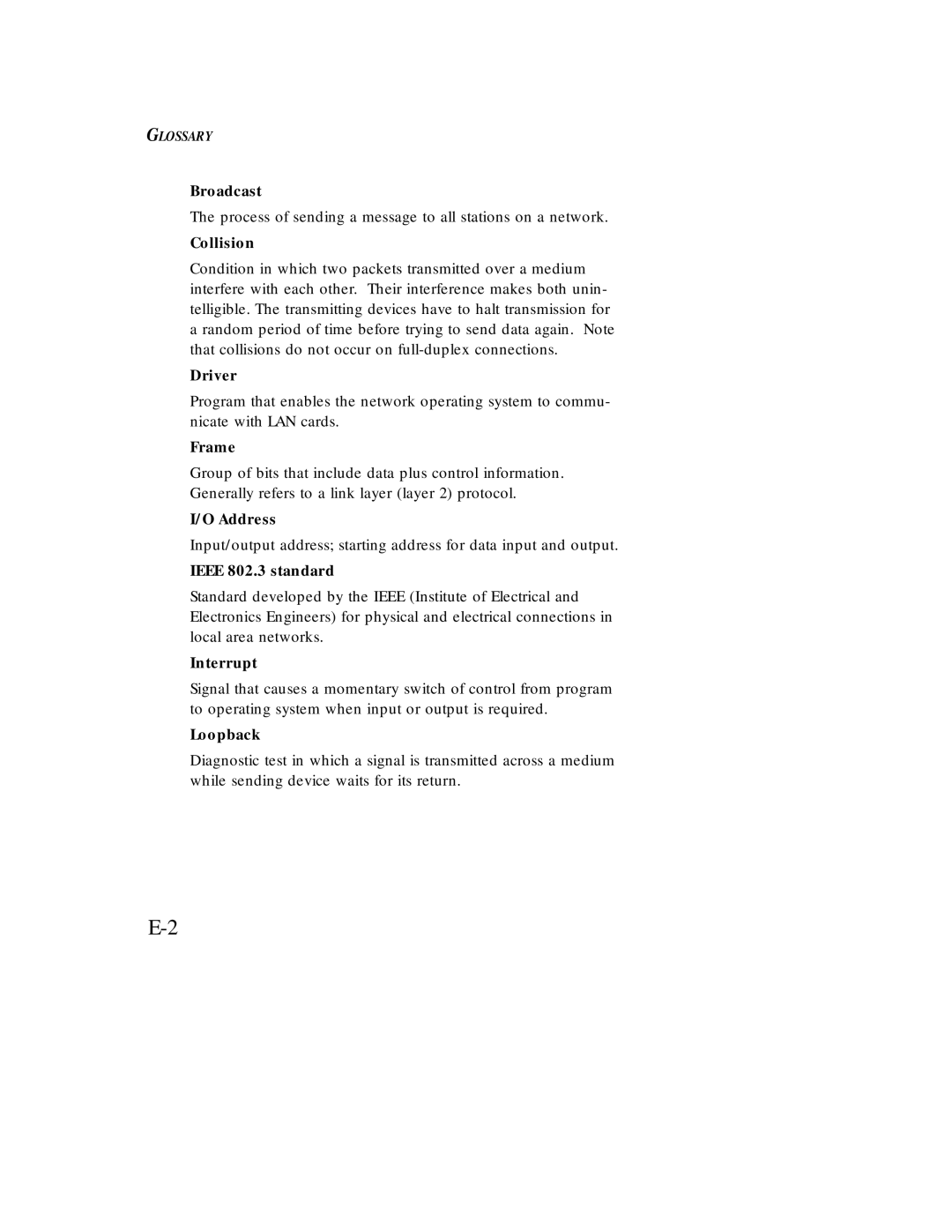 SMC Networks Ethernet ISA Network Cards manual Broadcast, Collision, Driver, Frame, Address, Ieee 802.3 standard, Interrupt 