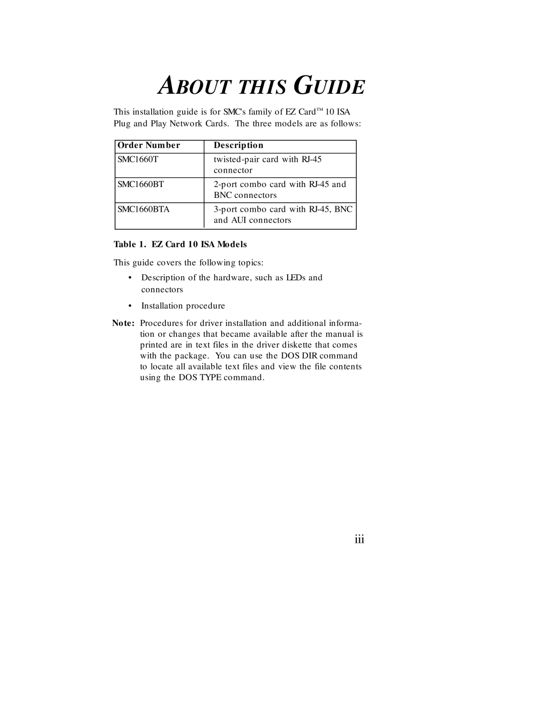 SMC Networks Ethernet ISA Network Cards manual About this Guide, Order Number Description, EZ Card 10 ISA Models 