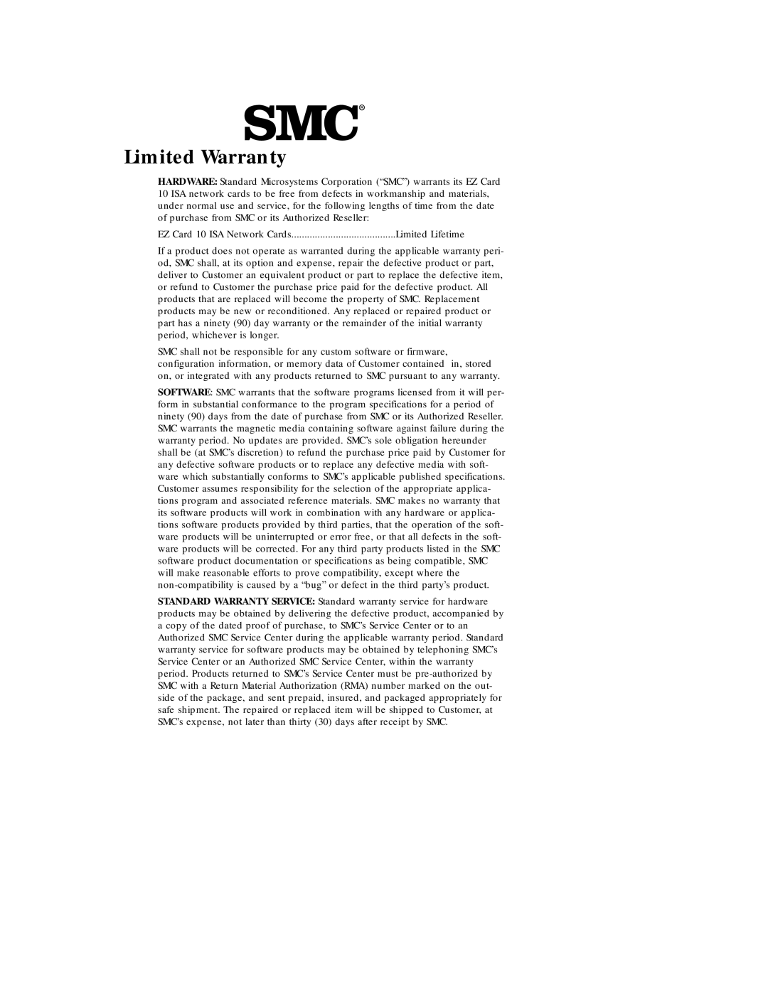 SMC Networks Ethernet ISA Network Cards manual Limited Warranty 