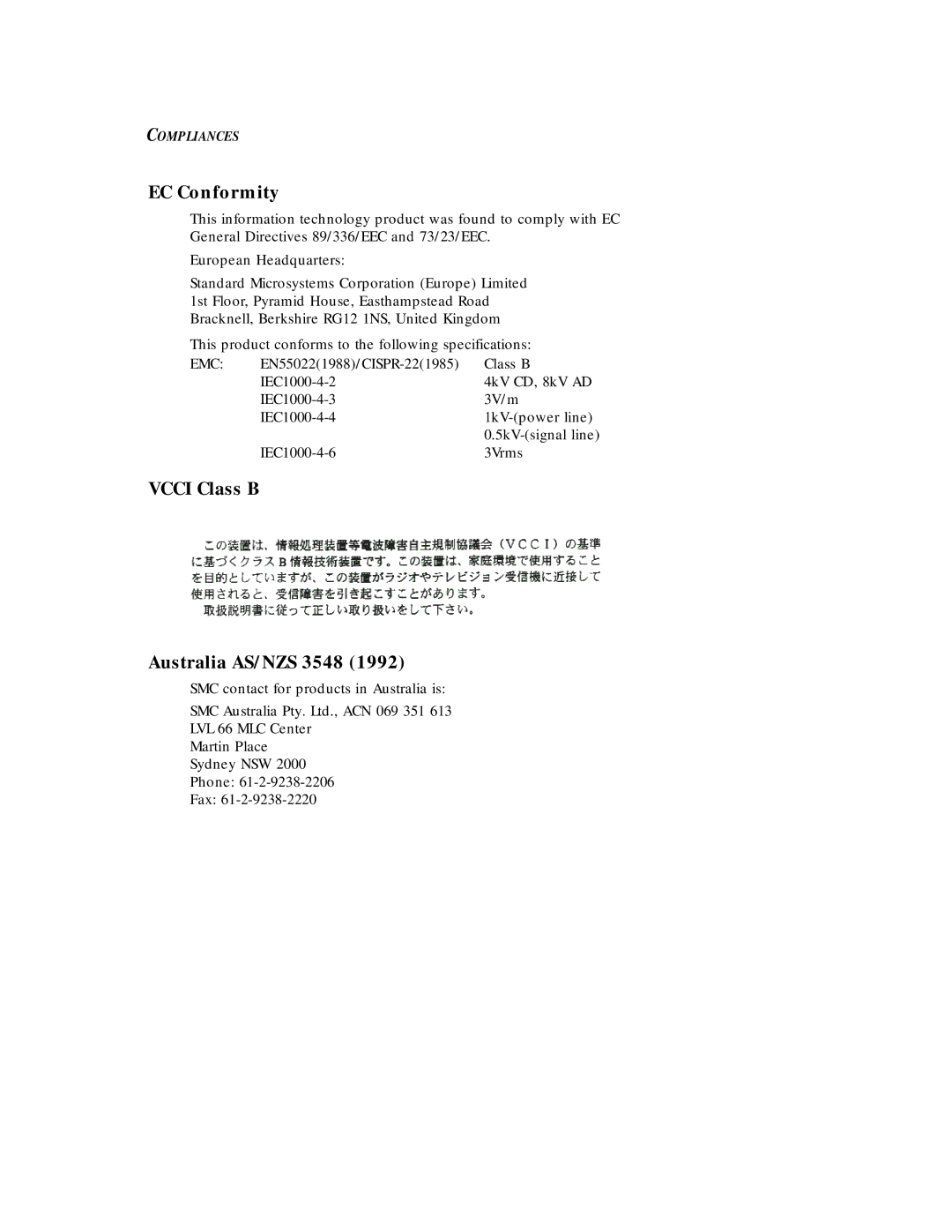 SMC Networks Ethernet ISA Network Cards manual EC Conformity, Vcci Class B Australia AS/NZS 3548 