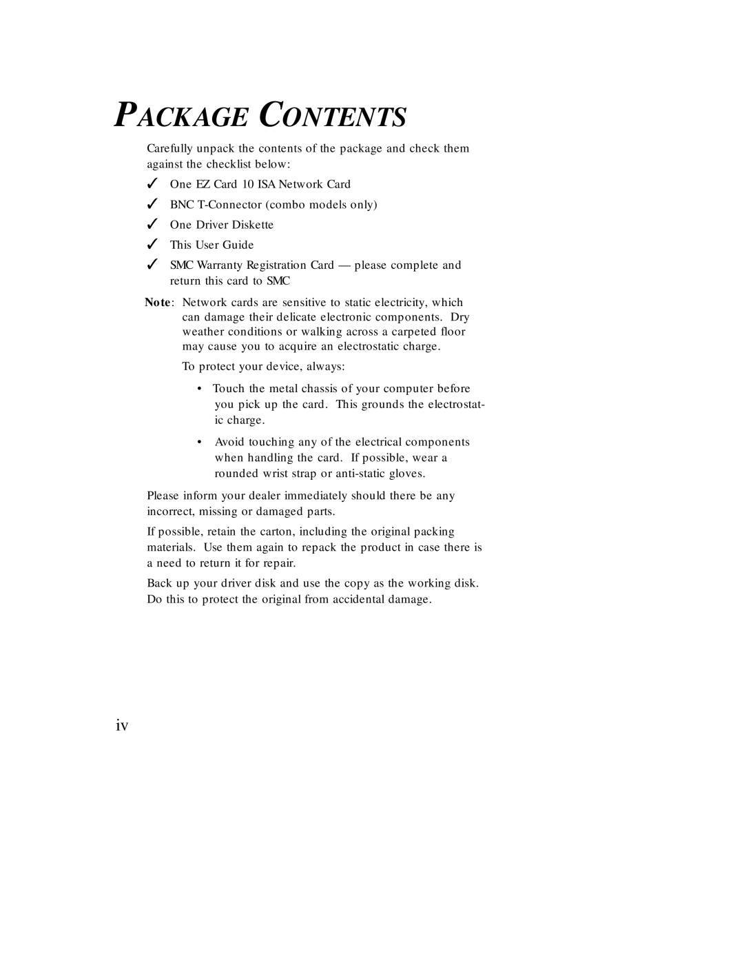 SMC Networks Ethernet ISA Network Cards manual Package Contents 