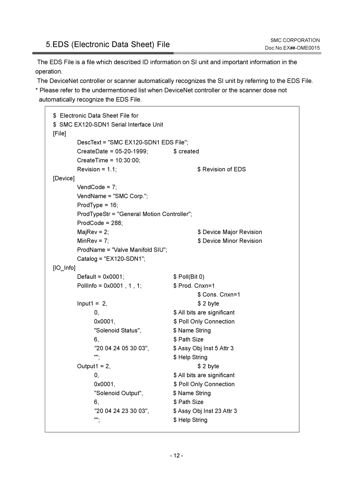 SMC Networks EX124D/U-SDN1, EX122-SDN1, EX120-SDN1, EX121-SDN1 operation manual EDS Electronic Data Sheet File 