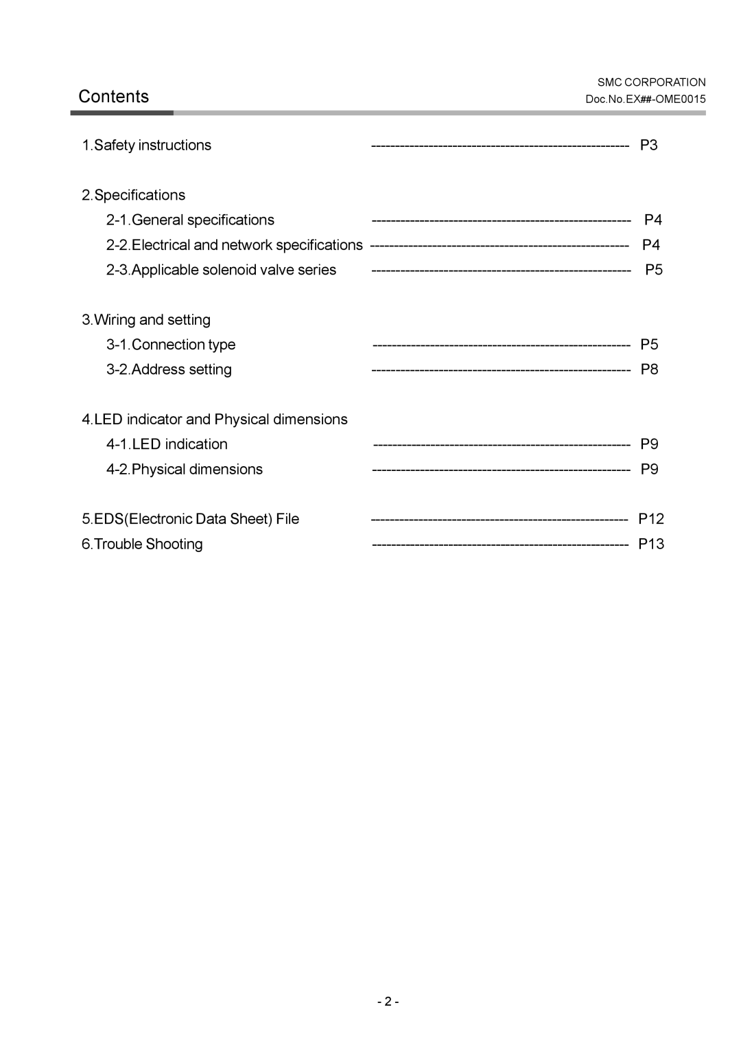 SMC Networks EX120-SDN1, EX124D/U-SDN1, EX122-SDN1, EX121-SDN1 operation manual Contents 