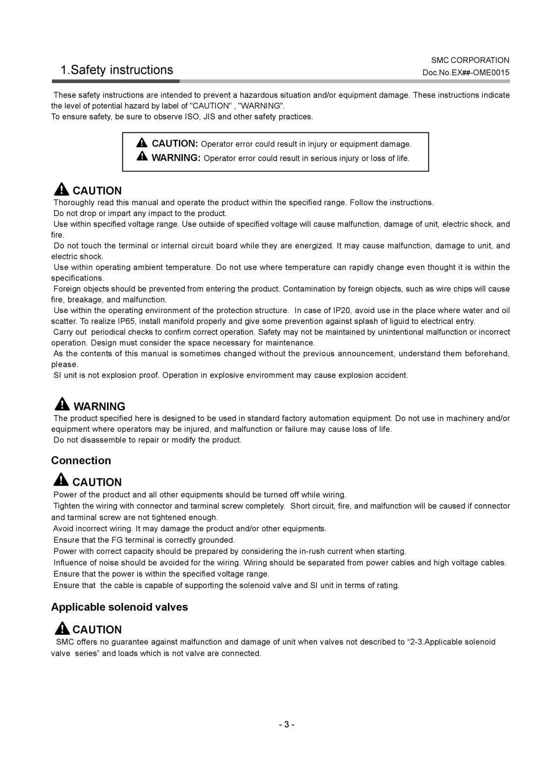 SMC Networks EX121-SDN1, EX124D/U-SDN1, EX122-SDN1, EX120-SDN1 operation manual Safety instructions, Connection 