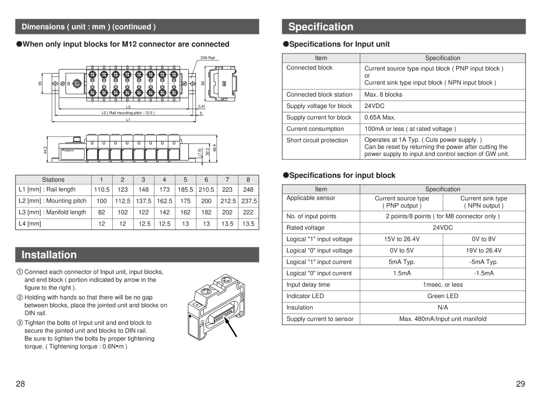 SMC Networks EX500-GEN1 Installation, Dimensions unit mm, When only input blocks for M12 connector are connected 