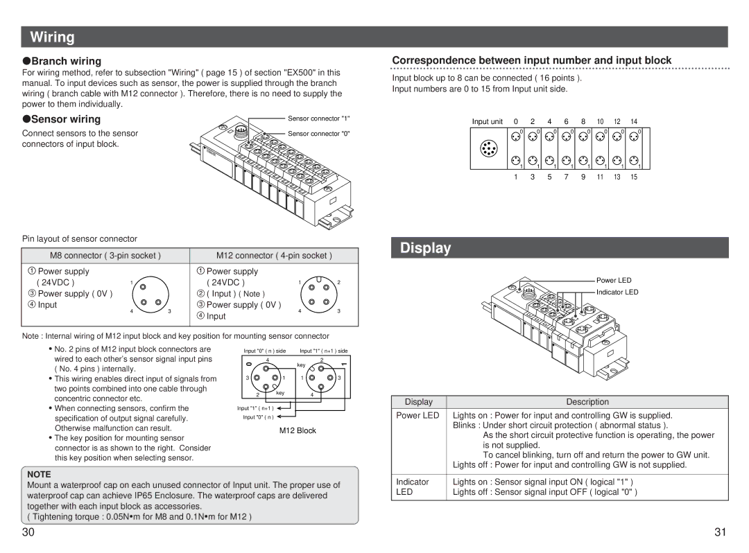 SMC Networks EX500-GEN1 Sensor wiring, Correspondence between input number and input block, Connect sensors to the sensor 