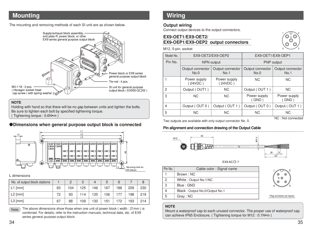 SMC Networks EX500-GEN1 instruction manual Mounting, Output wiring, EX9-OEP1/EX9-OEP2 output connectors 