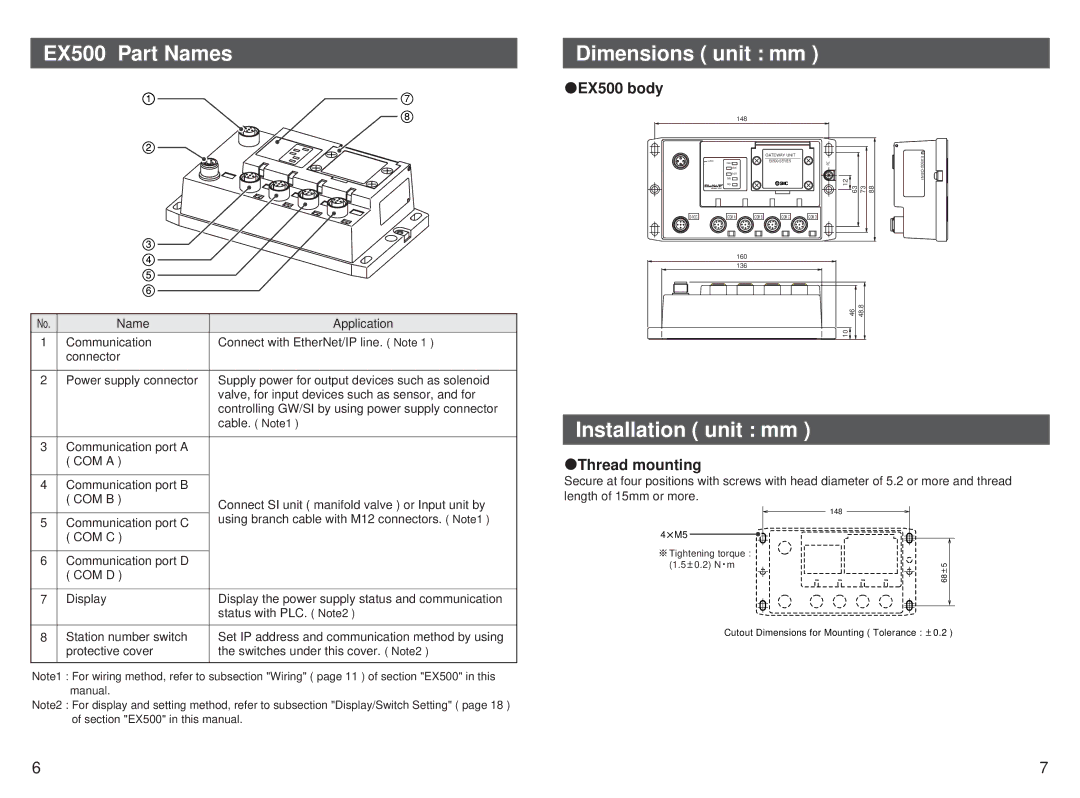 SMC Networks EX500-GEN1 EX500 Part Names, Dimensions unit mm, Installation unit mm, EX500 body, Thread mounting 