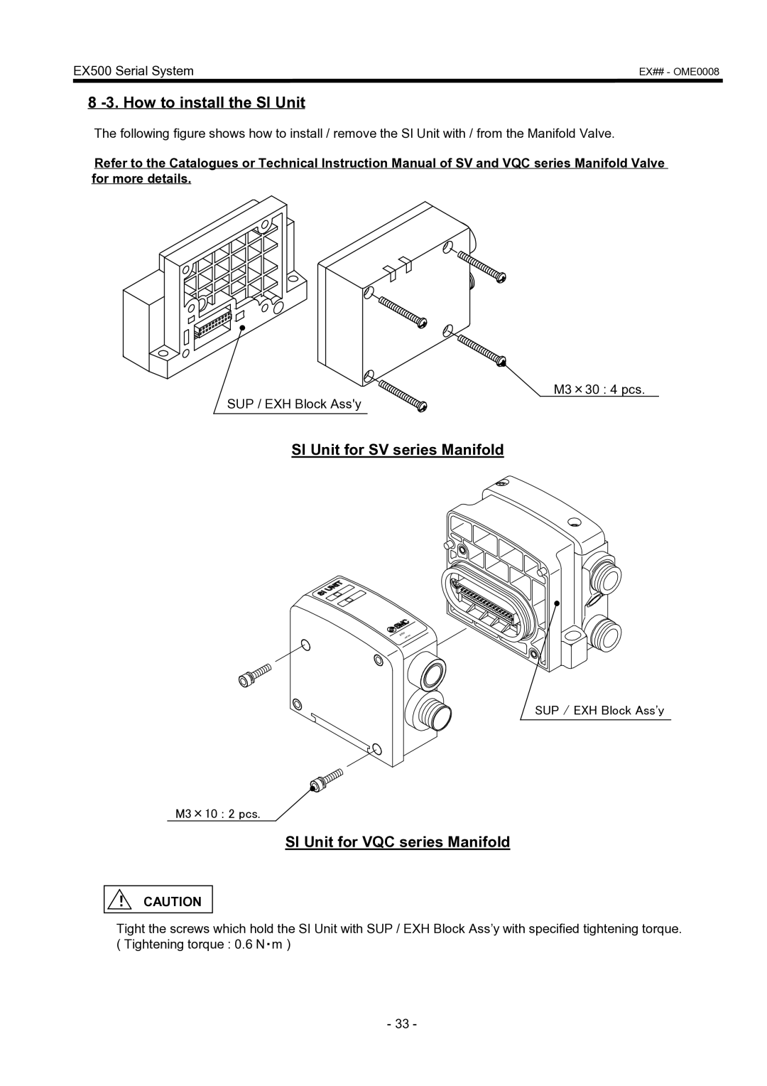 SMC Networks EX500 manual How to install the SI Unit, SI Unit for SV series Manifold, SI Unit for VQC series Manifold 