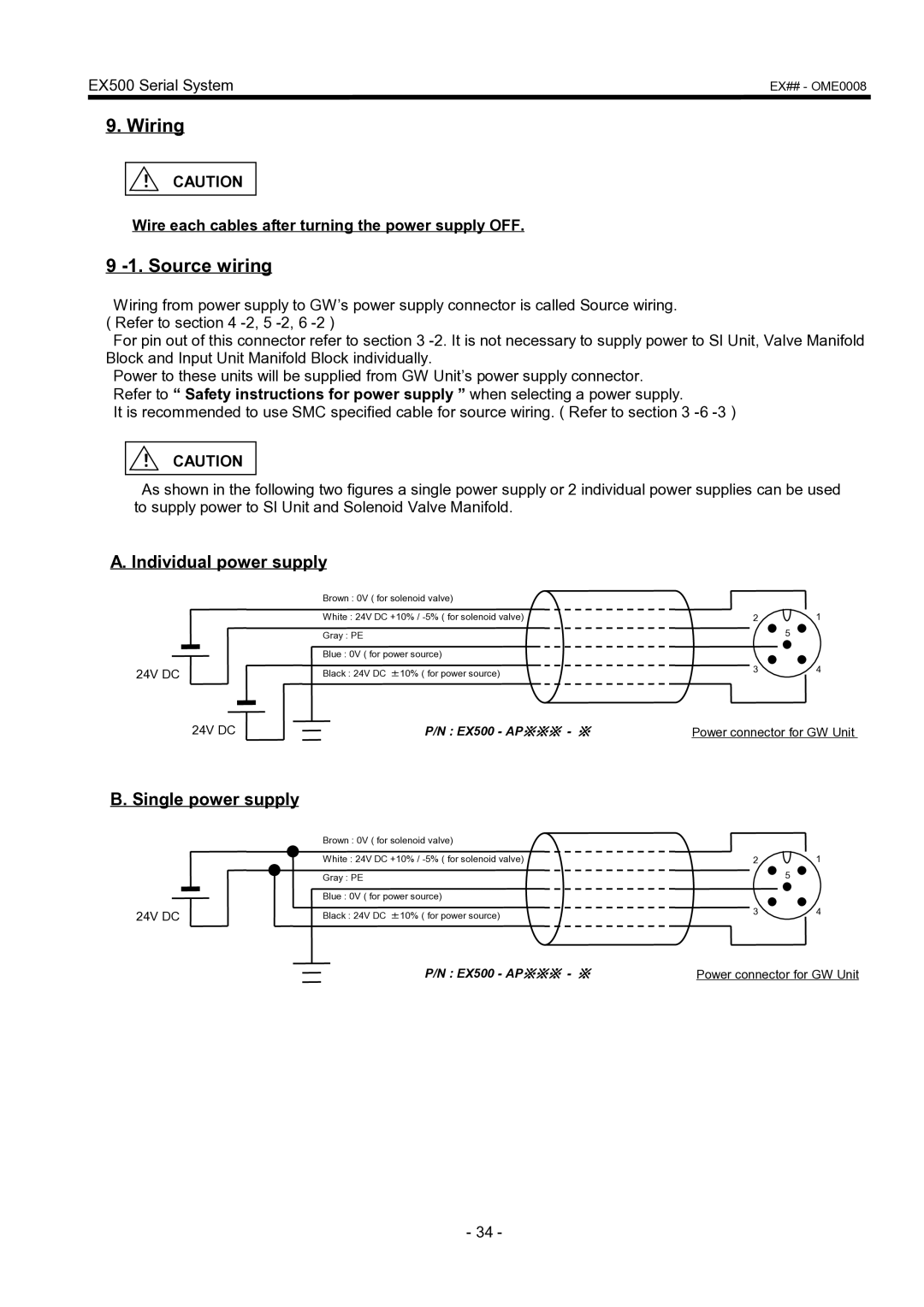 SMC Networks EX500 manual Wiring, Source wiring, Individual power supply, Single power supply 