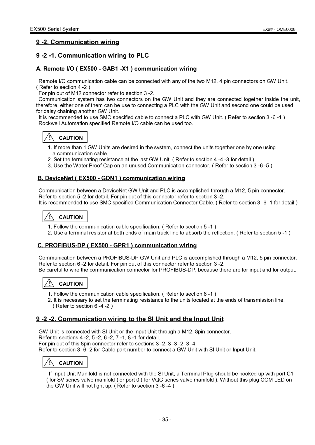 SMC Networks manual Communication wiring 1. Communication wiring to PLC, Remote I/O EX500 GAB1 -X1 communication wiring 