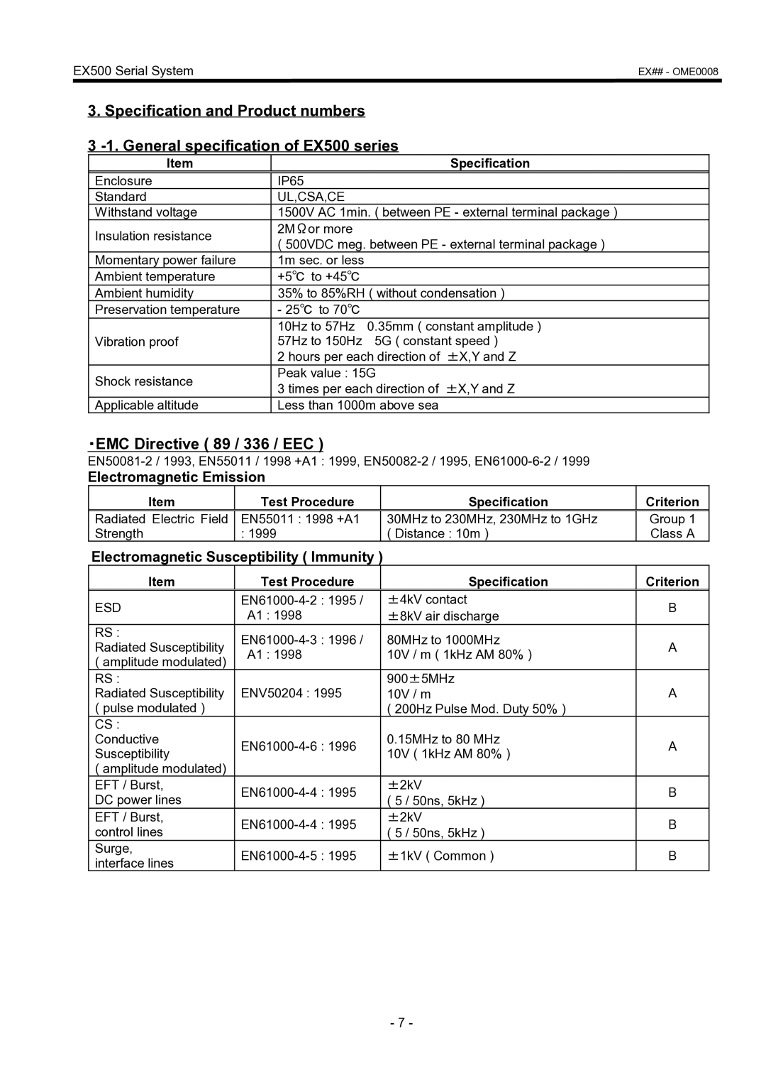 SMC Networks EX500 manual ・EMC Directive 89 / 336 / EEC, Electromagnetic Emission, Electromagnetic Susceptibility Immunity 