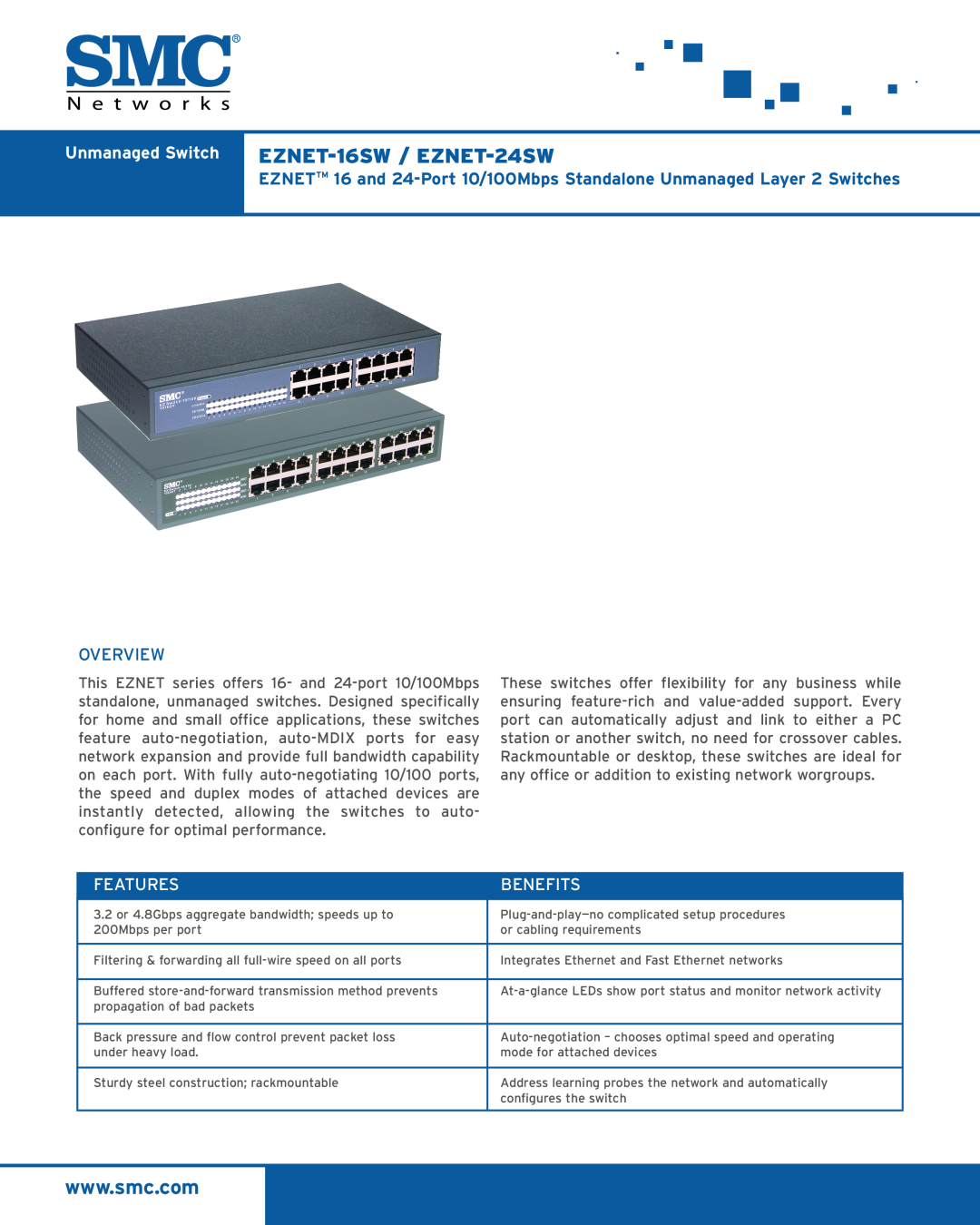 SMC Networks manual Unmanaged Switch EZNET-16SW / EZNET-24SW, Overview, Features, Benefits 