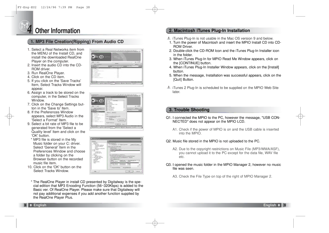 SMC Networks FY100 manual Other Information, MP3 File CreationRipping From Audio CD, Macintosh iTunes Plug- In Installation 