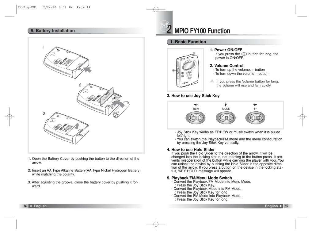 SMC Networks manual Mpio FY100 Function, Battery Installation, Basic Function 