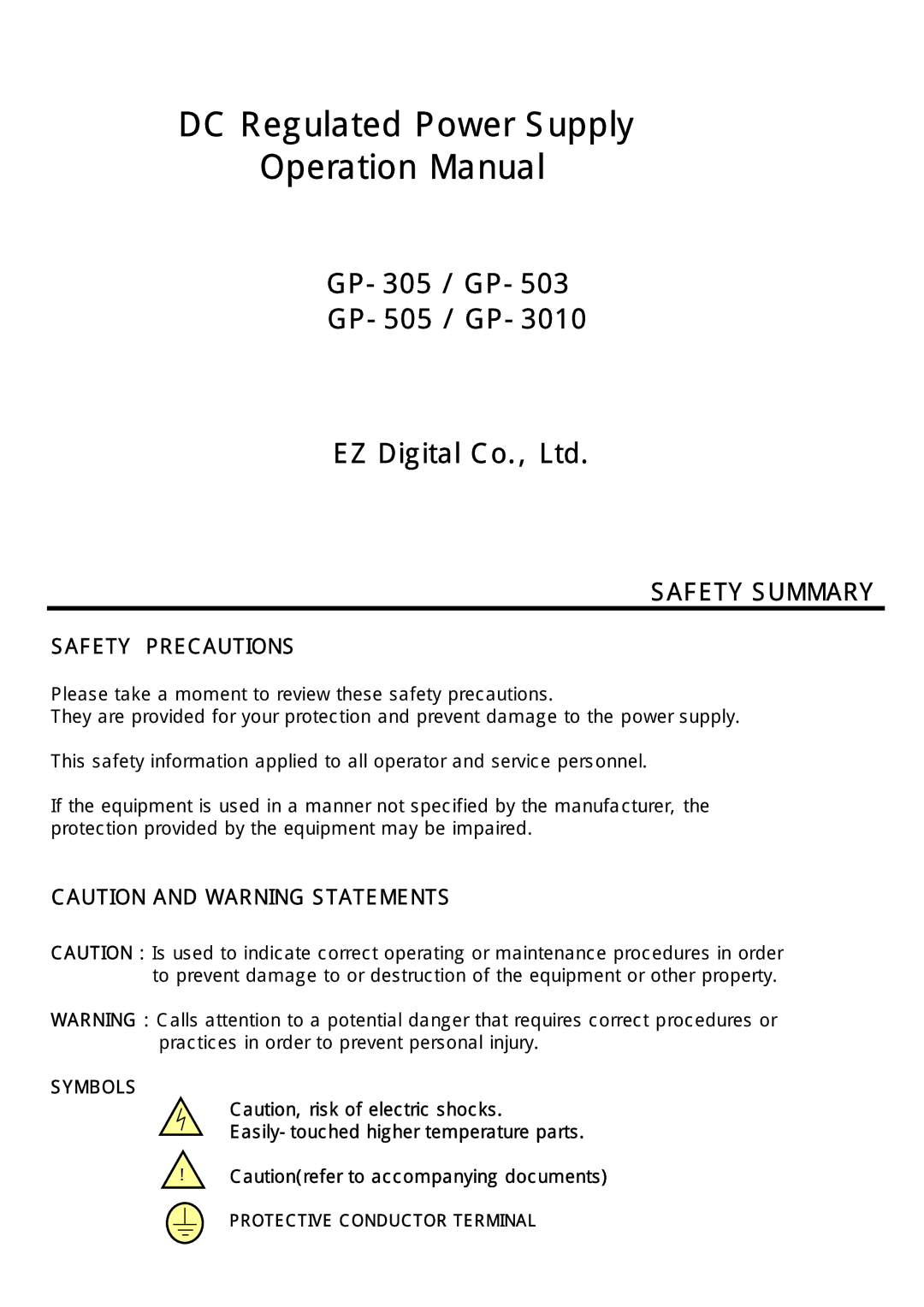 SMC Networks GP-305, GP-3010, GP-503, GP-505 manual DC Regulated Power Supply, Safety Precautions 