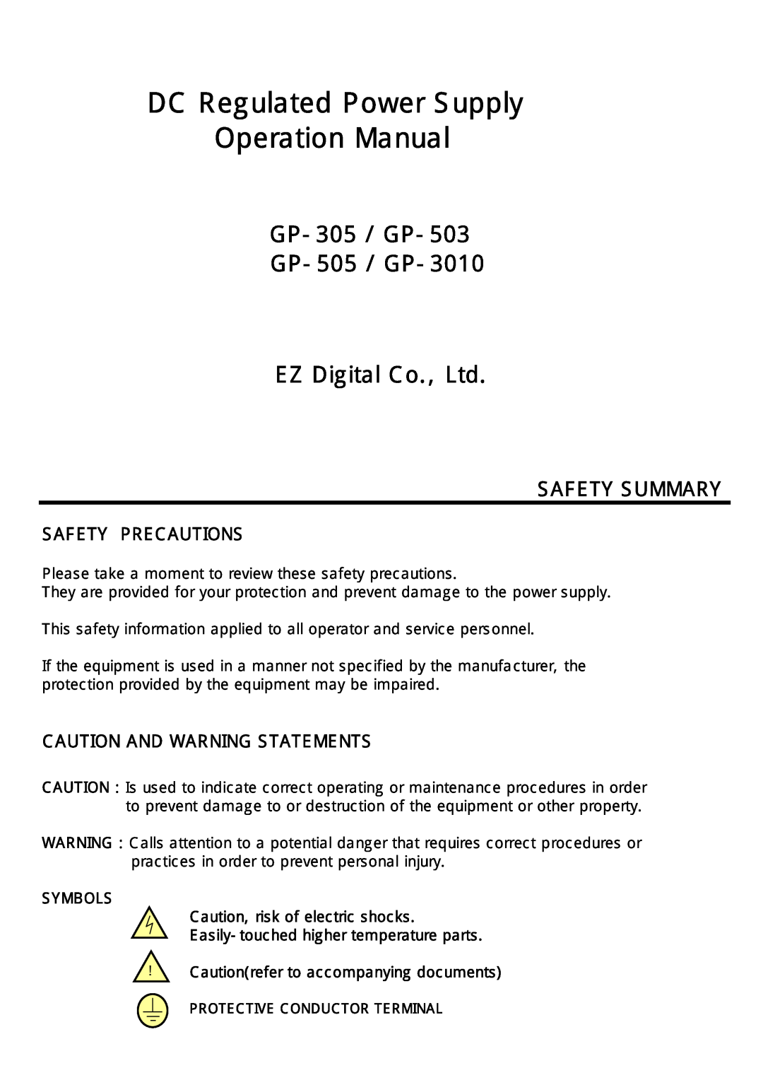 SMC Networks GP-305, GP-3010 Safety Precautions, Caution And Warning Statements, SYMBOLS Caution, risk of electric shocks 