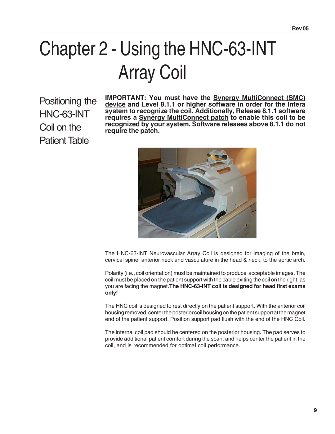 SMC Networks 500082 manual Array Coil, Positioning the HNC-63-INT Coil on the Patient Table 