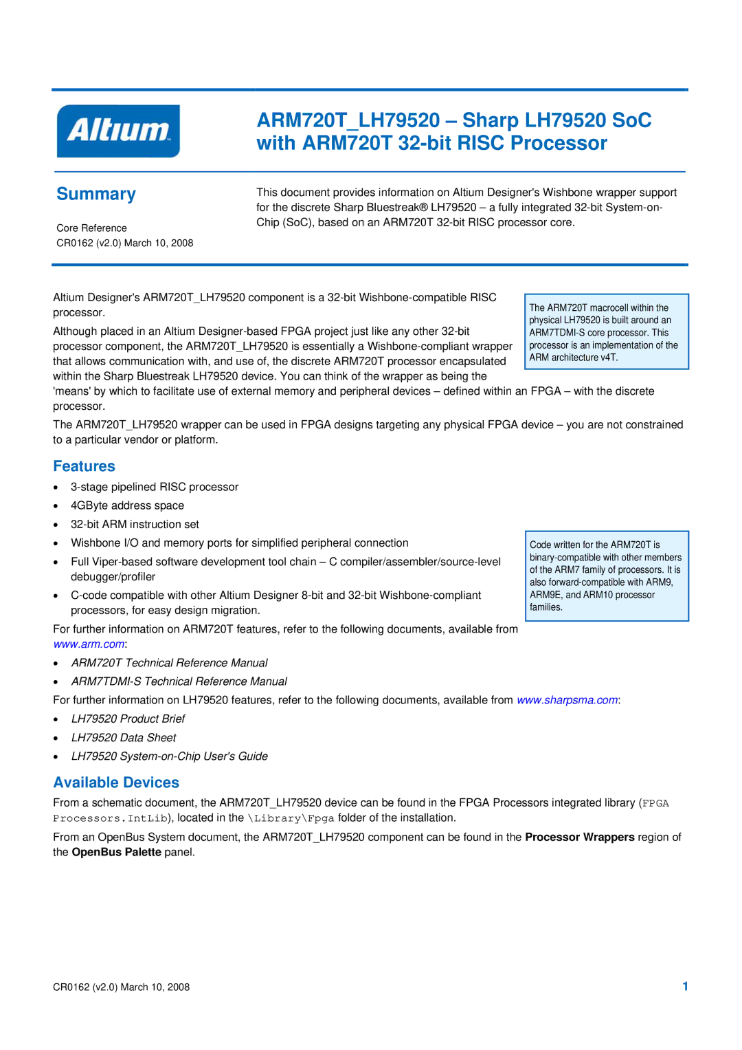 SMC Networks ARM720T_LH79520, LH79520 SoC ARM720T manual Summary, Features, Available Devices 