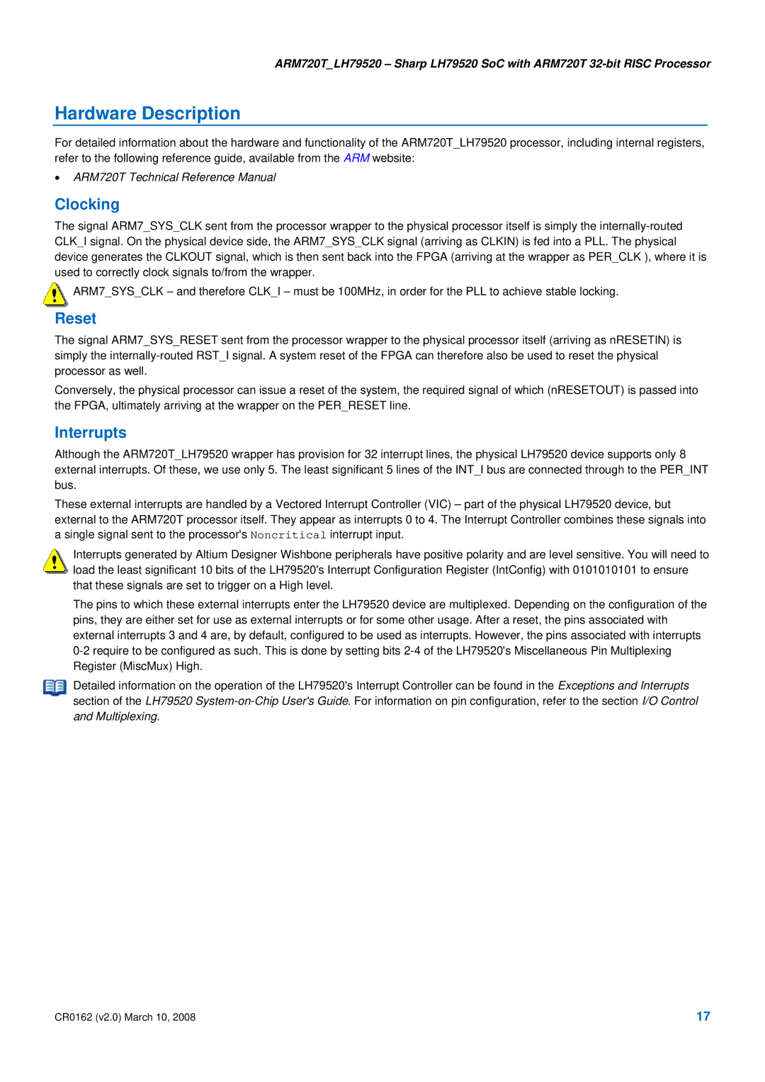 SMC Networks ARM720T_LH79520, LH79520 SoC ARM720T manual Hardware Description, Clocking, Reset, Interrupts 