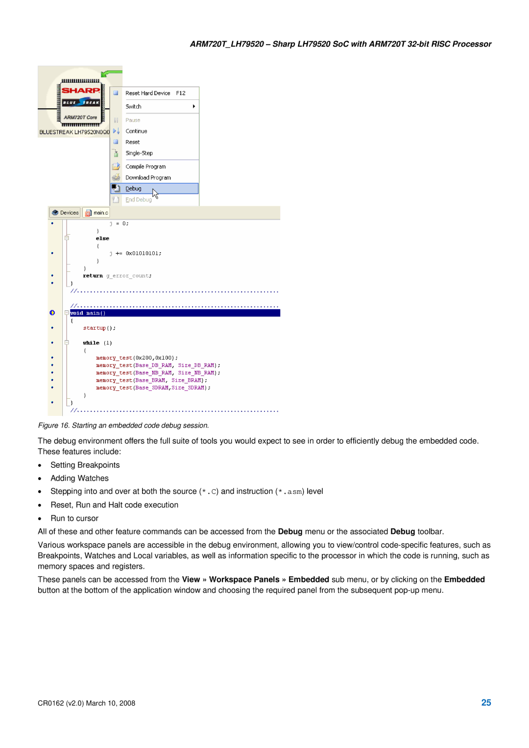 SMC Networks ARM720T_LH79520, LH79520 SoC ARM720T manual Starting an embedded code debug session 