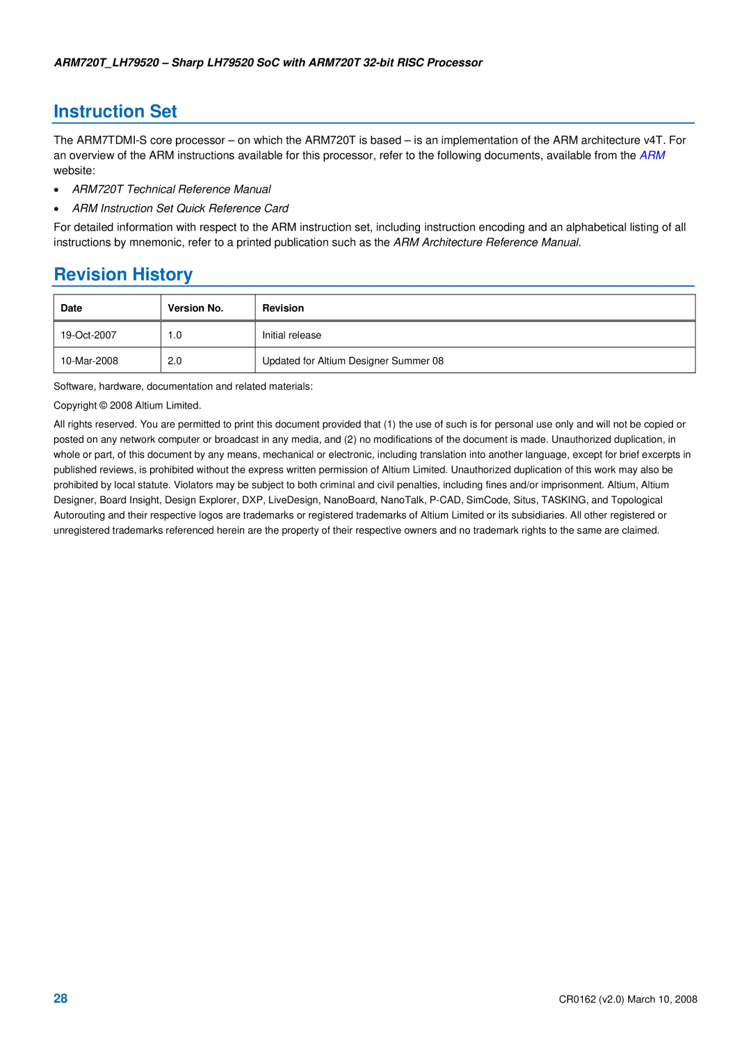 SMC Networks LH79520 SoC ARM720T, ARM720T_LH79520 manual Instruction Set, Revision History 