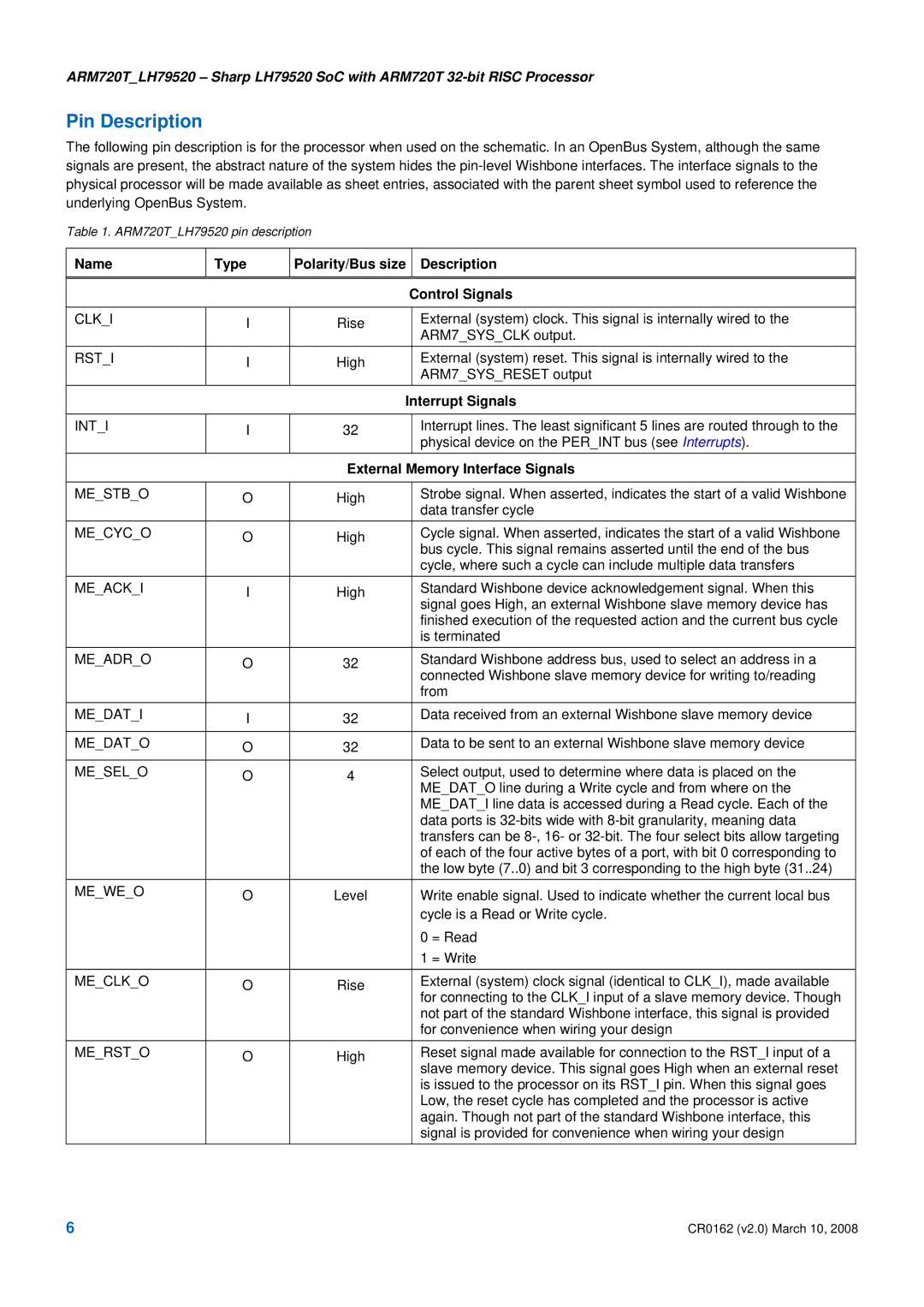 SMC Networks LH79520 SoC ARM720T, ARM720T_LH79520 Pin Description, Name Type Polarity/Bus size Description Control Signals 