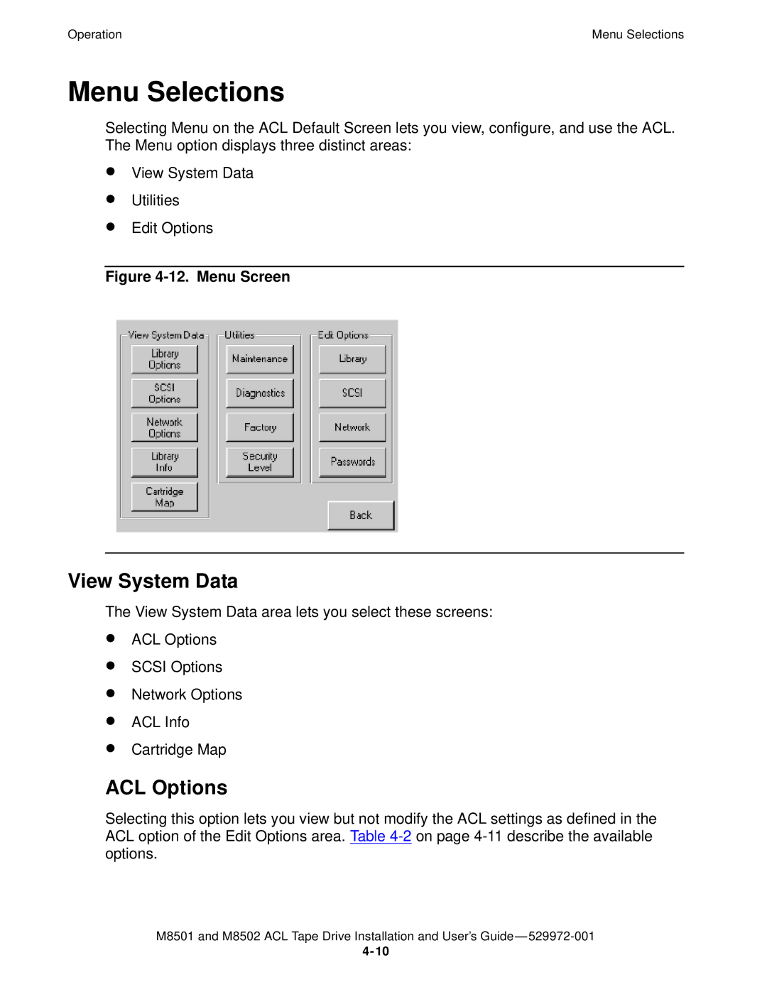 SMC Networks M8501 manual Menu Selections, View System Data, ACL Options 