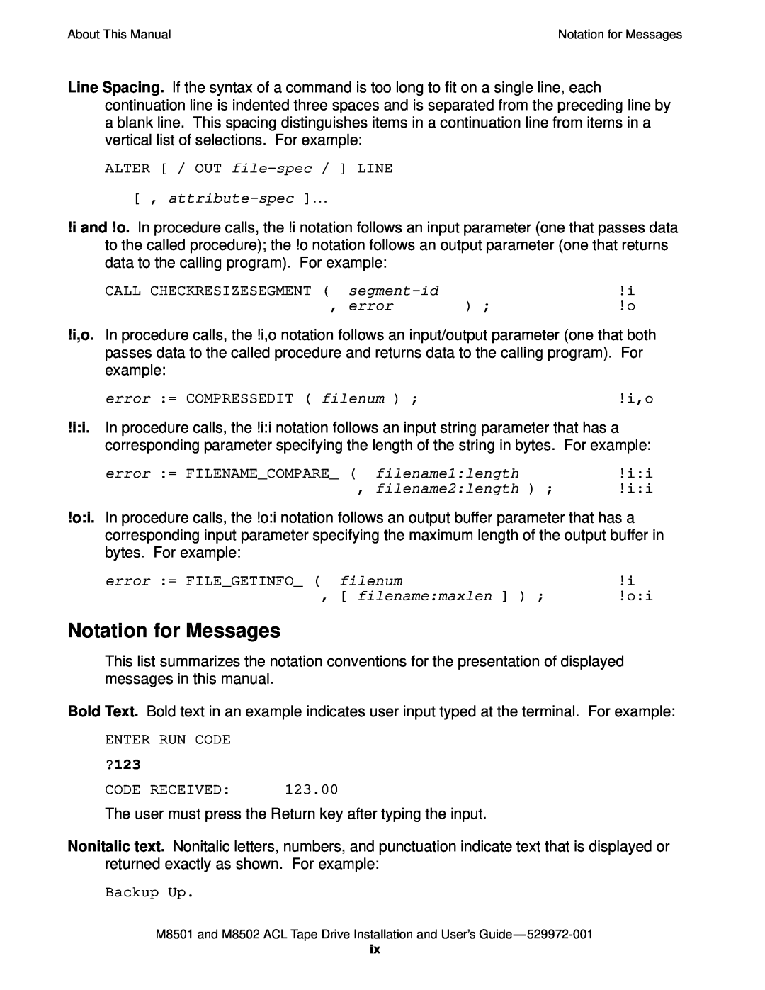 SMC Networks M8501 manual Notation for Messages, attribute-spec …, error = COMPRESSEDIT filenum, filename2length, ?123 