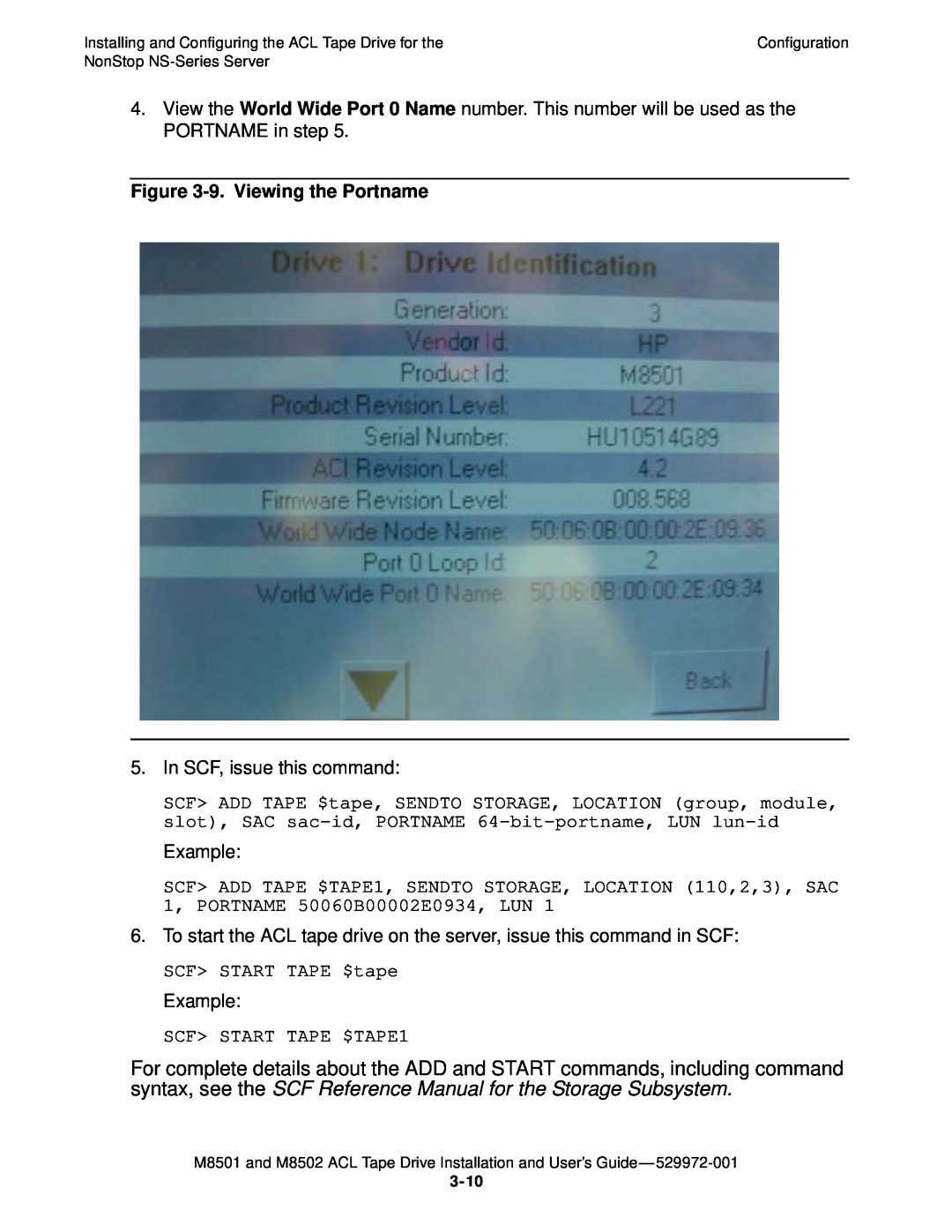 SMC Networks M8501 manual 9. Viewing the Portname, SCF START TAPE $tape, SCF START TAPE $TAPE1, Configuration, 3-10 