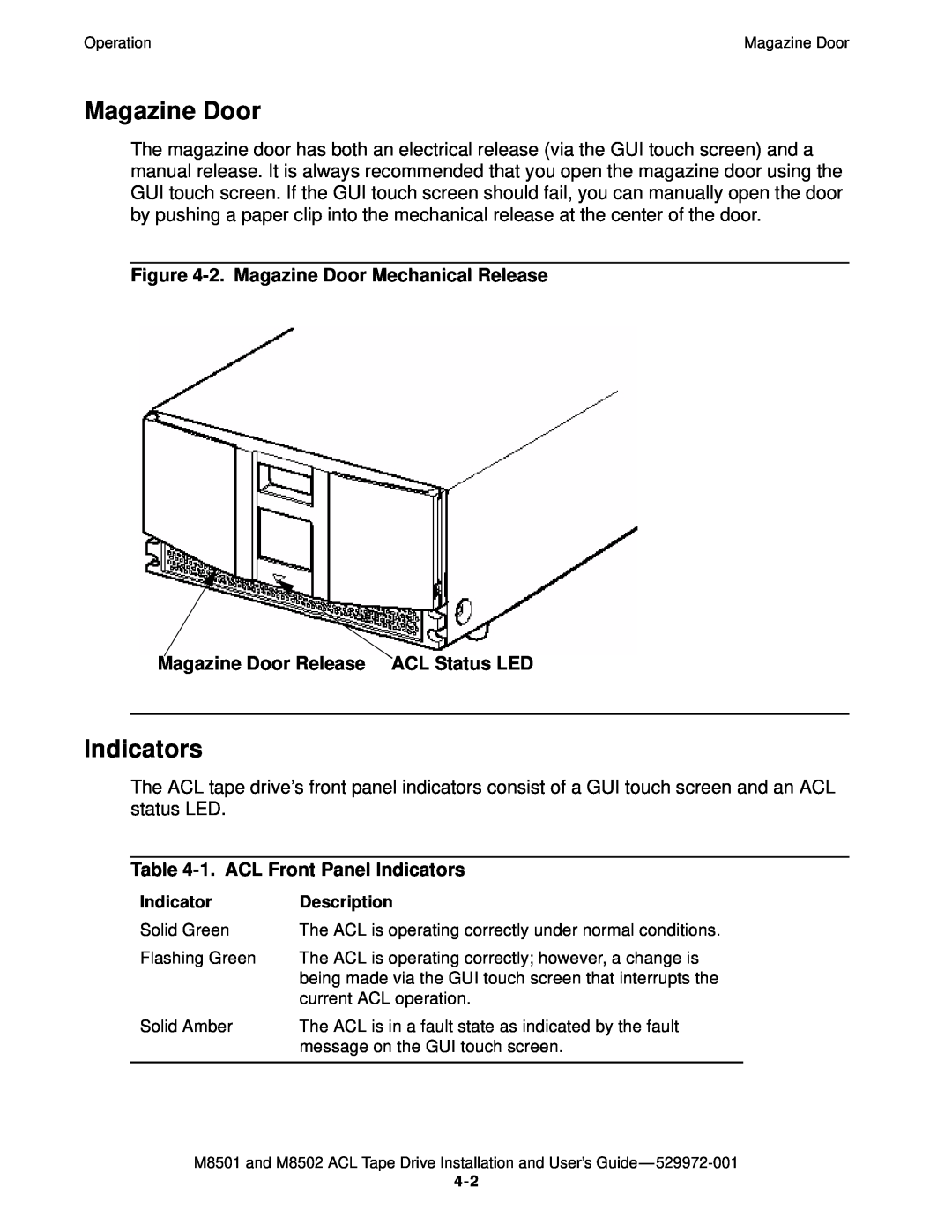 SMC Networks M8501 manual Indicators, 2. Magazine Door Mechanical Release, Magazine Door Release ACL Status LED 