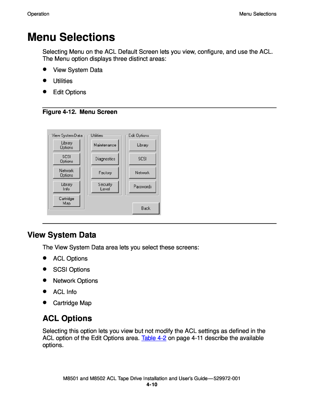 SMC Networks M8501 manual Menu Selections, View System Data, ACL Options, 12. Menu Screen 