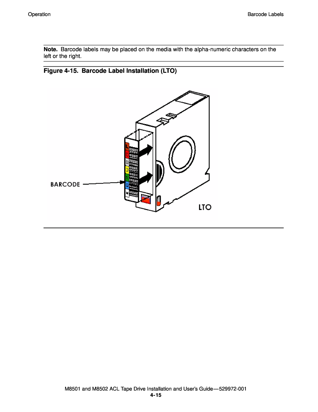SMC Networks M8501 manual 15. Barcode Label Installation LTO, Operation, Barcode Labels, 4-15 