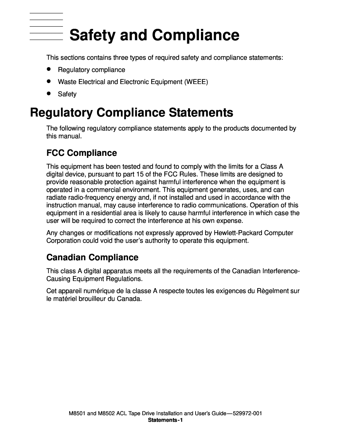 SMC Networks M8501 manual Safety and Compliance, Regulatory Compliance Statements, FCC Compliance, Canadian Compliance 