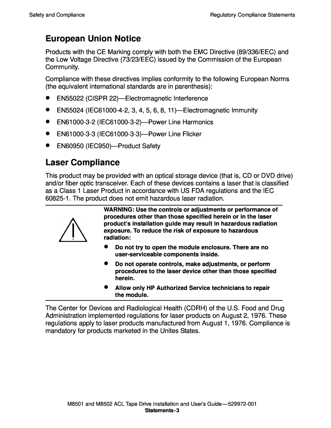 SMC Networks M8501 manual European Union Notice, Laser Compliance 
