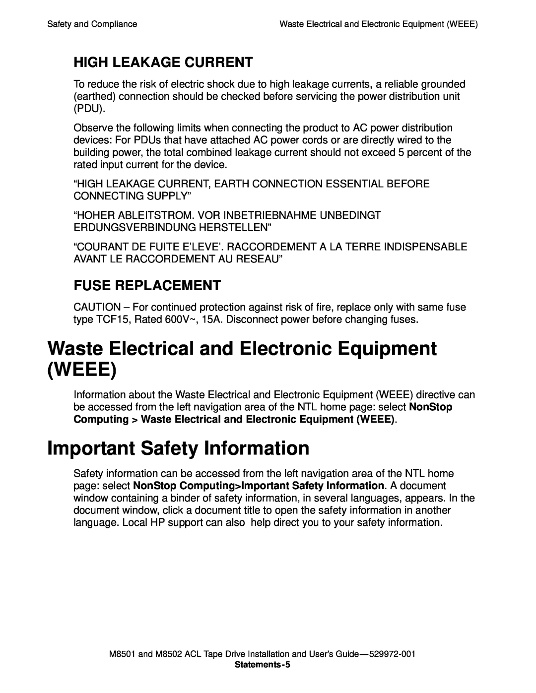 SMC Networks M8501 Waste Electrical and Electronic Equipment WEEE, Important Safety Information, High Leakage Current 