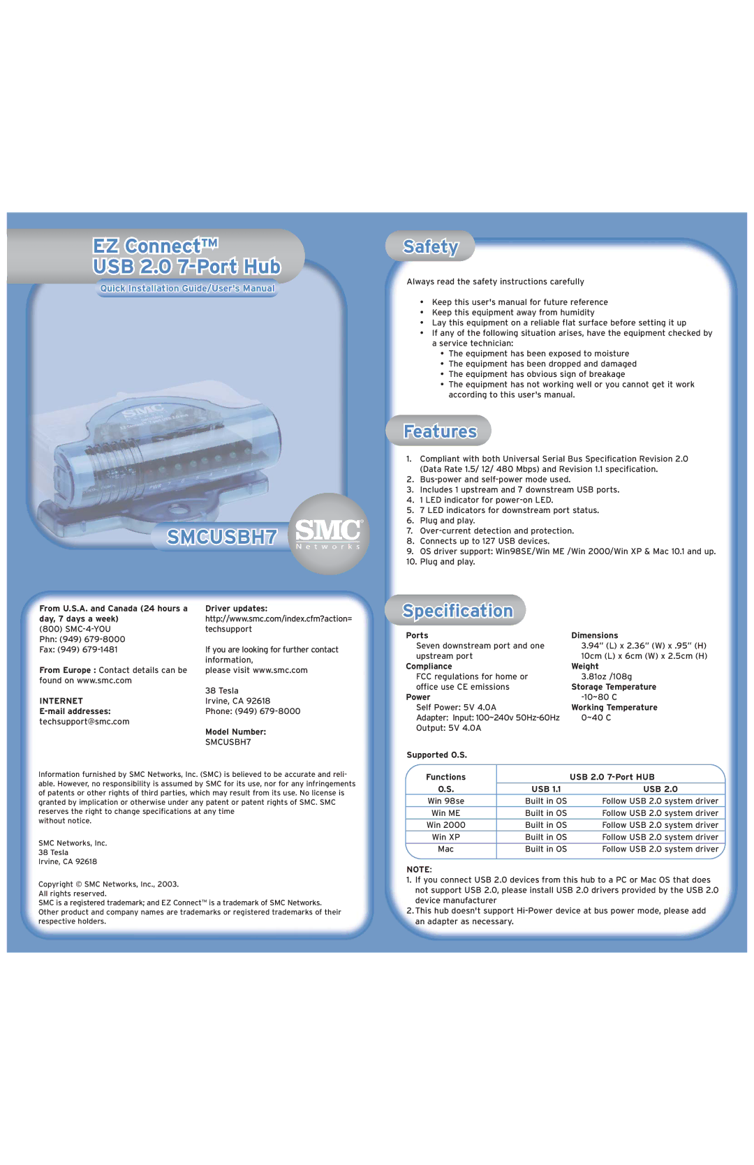 SMC Networks MCUSBH7 user manual Safety, Features, Specification 