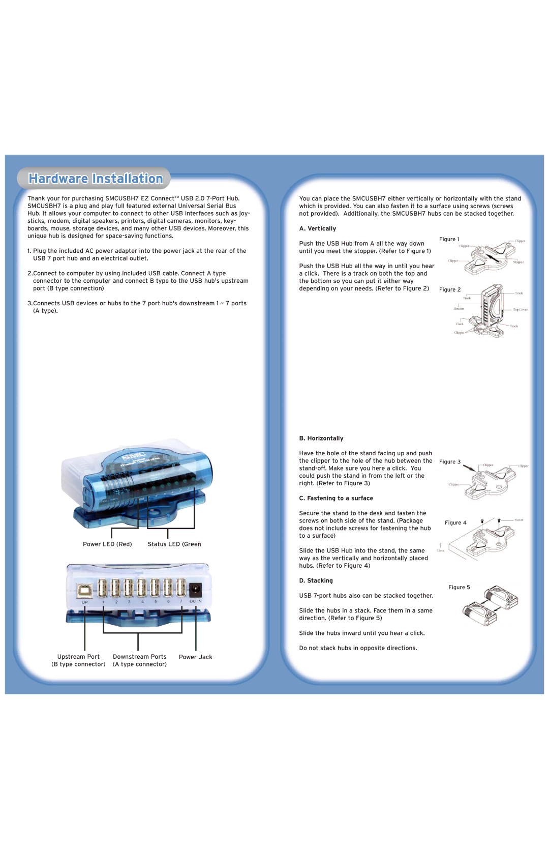 SMC Networks MCUSBH7 user manual Vertically, Horizontally, Fastening to a surface, Stacking 