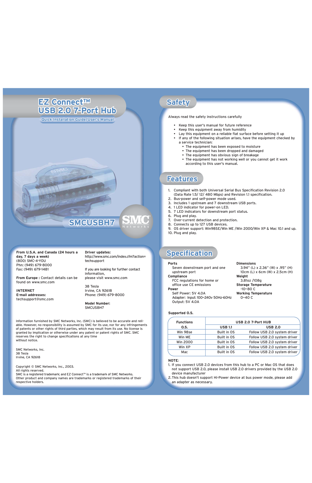 SMC Networks user manual EZ Connect USB 2.0 7-Port Hub, SMCUSBH7, Safety, Features, Specification 