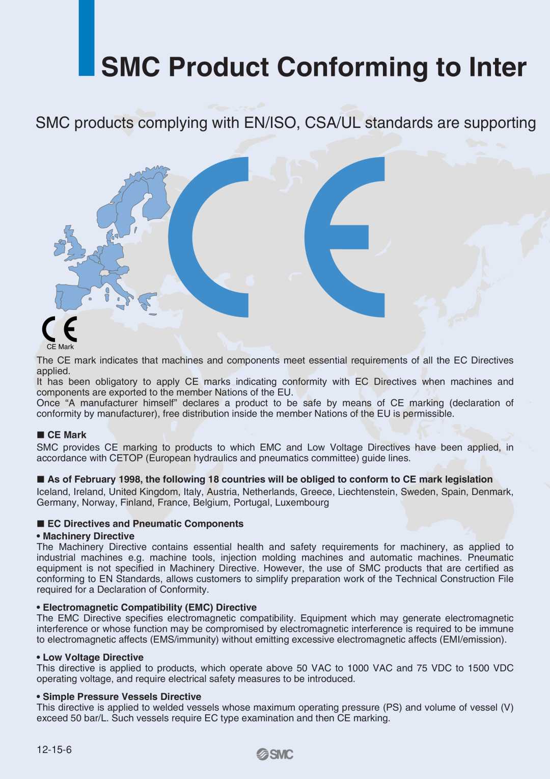 SMC Networks MHT2 manual SMC Product Conforming to Inter, 12-15-6, CE Mark, EC Directives and Pneumatic Components 