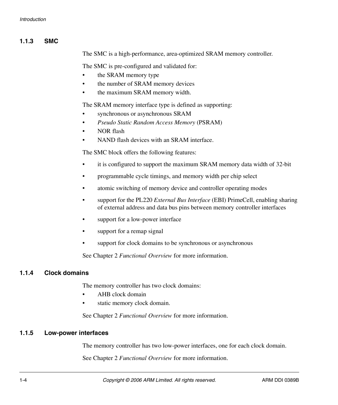 SMC Networks PL241, AHB SRAM/NOR manual 3 SMC, Clock domains, Low-power interfaces 