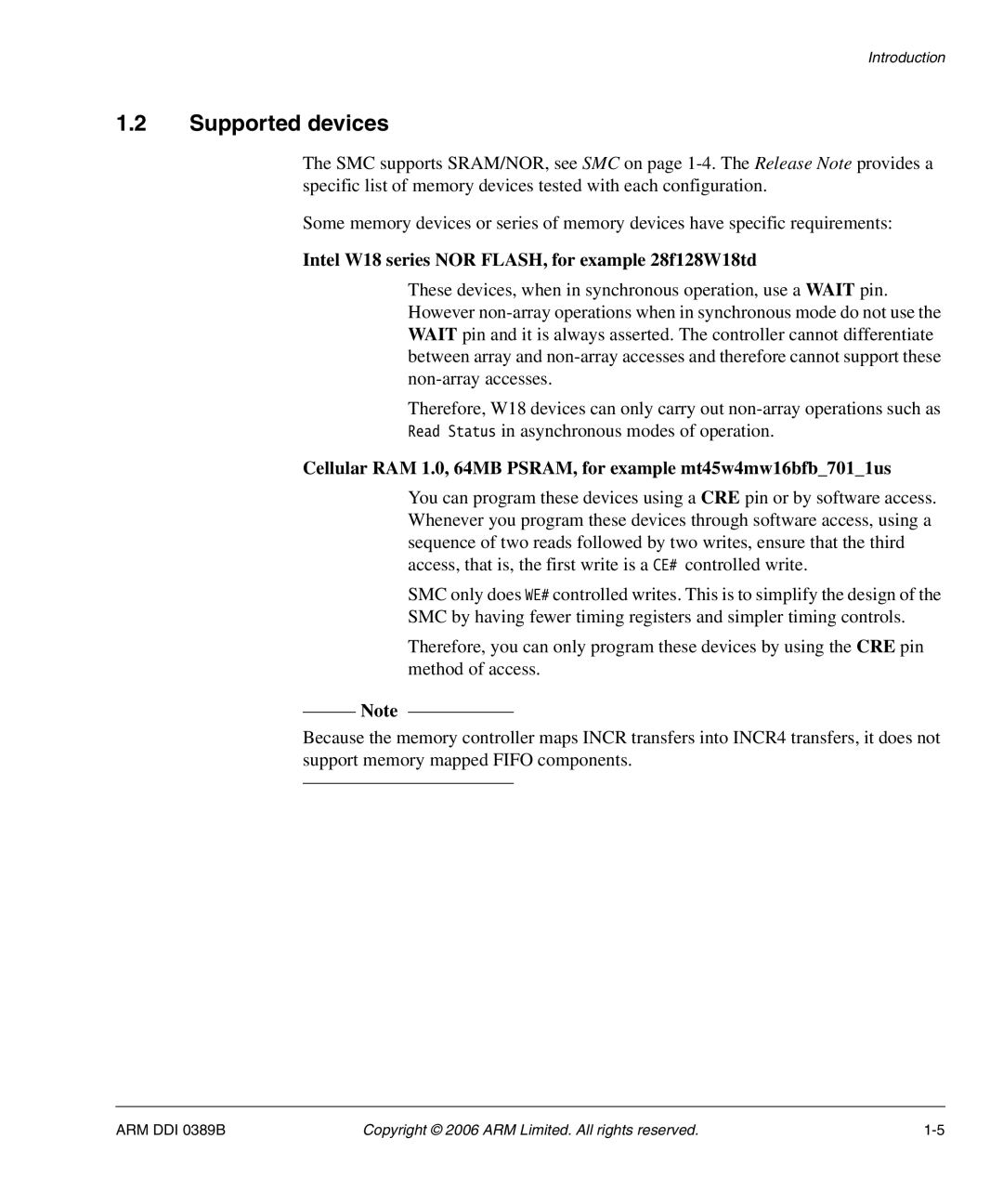 SMC Networks AHB SRAM/NOR, PL241 manual Supported devices, Intel W18 series NOR FLASH, for example 28f128W18td 