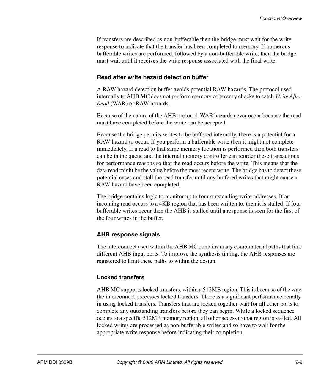 SMC Networks AHB SRAM/NOR, PL241 manual Read after write hazard detection buffer, AHB response signals, Locked transfers 