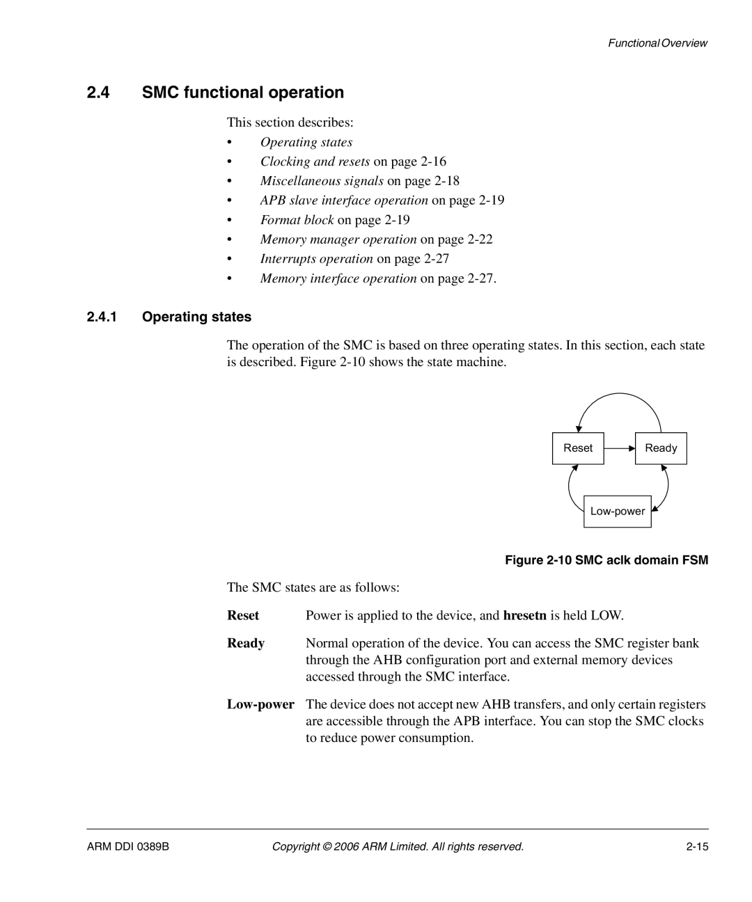 SMC Networks AHB SRAM/NOR, PL241 manual SMC functional operation, Operating states, SMC states are as follows 