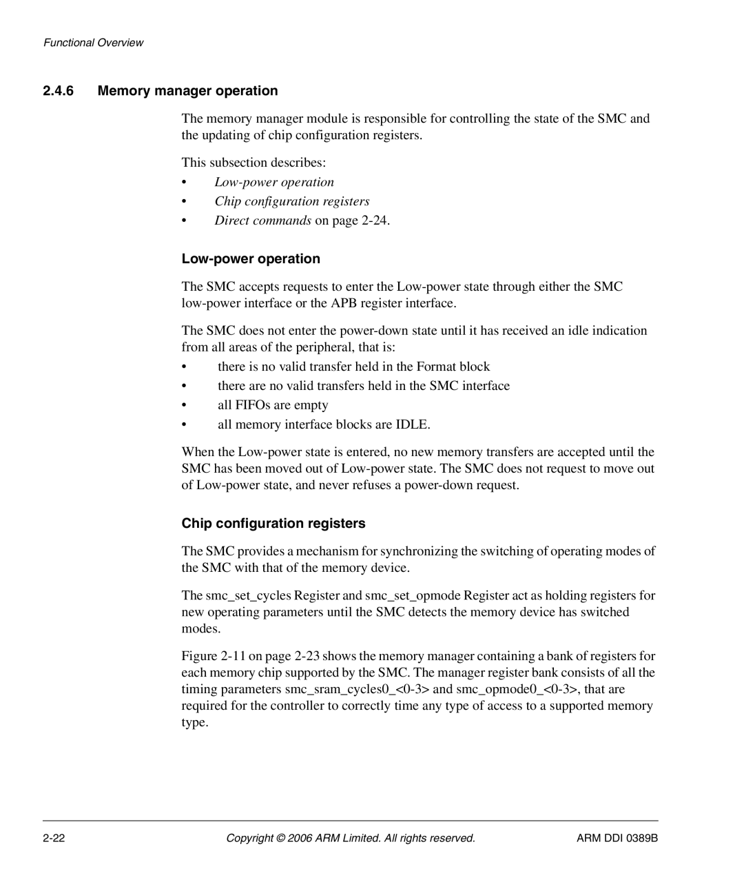 SMC Networks PL241, AHB SRAM/NOR manual Memory manager operation, Low-power operation, Chip configuration registers 